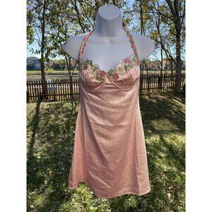 Pink Satin Slip Dress Floral Embroidered Halter Neckline By Princess Polly Size